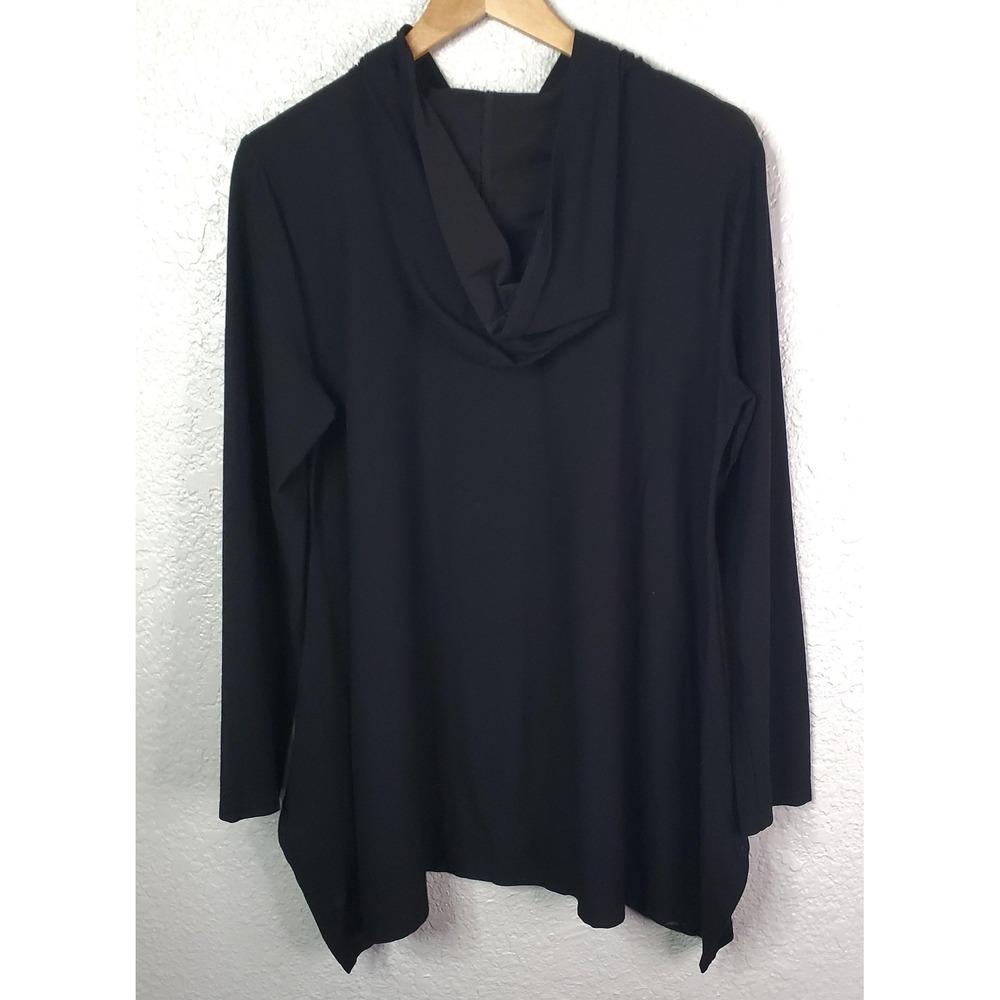 Eileen Fisher Jacket Womens Medium Black Hooded Zip Front Cardigan Hanky Hem - Picture 7 of 16